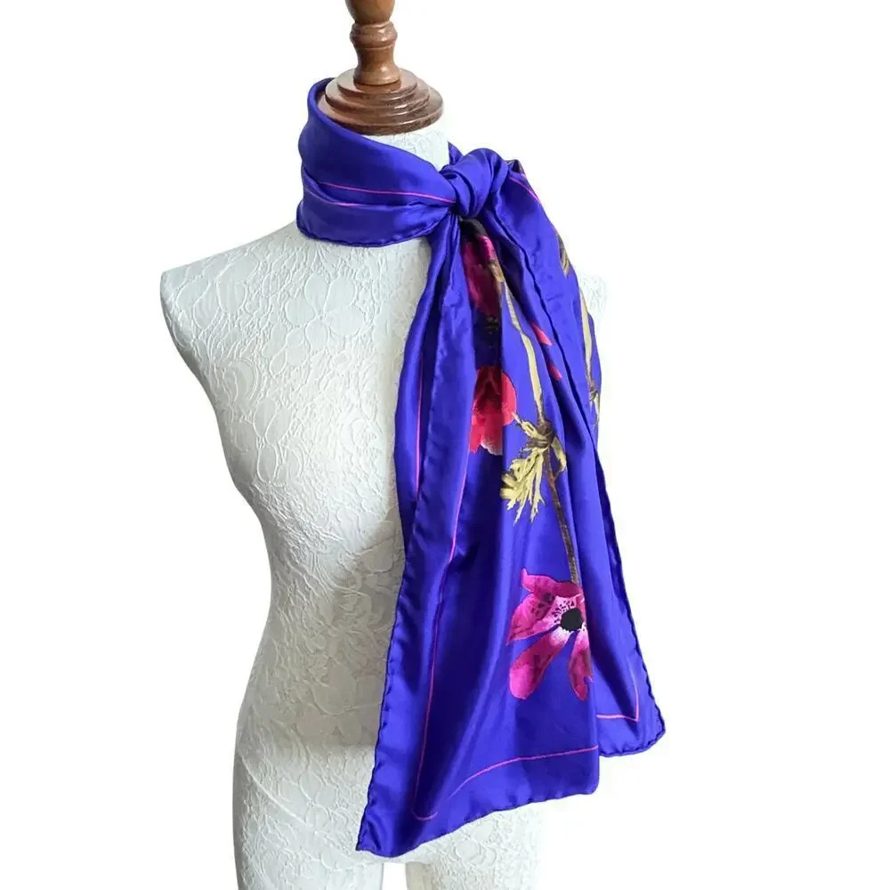 Vintage Purple Floral Silk (?)Scarf Wrap Shawl 21x44 Boho Cottagecore